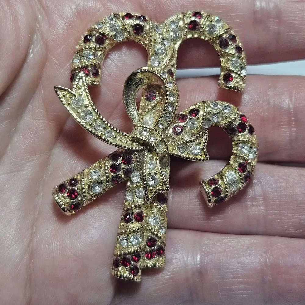 **Final Sale** Monet Christmas Candy Cane Bow Red Clear Gold Tone Brooch